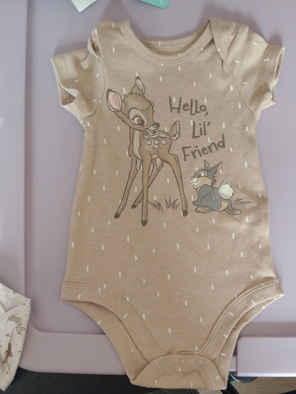 Disney Beige 'Hello, Lil' Friend' Baby One-Piece Bodysuit